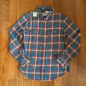Filson Woman’s Scout Shirt Cotton Plaid Button Up Blue Brown Orange Size Medium